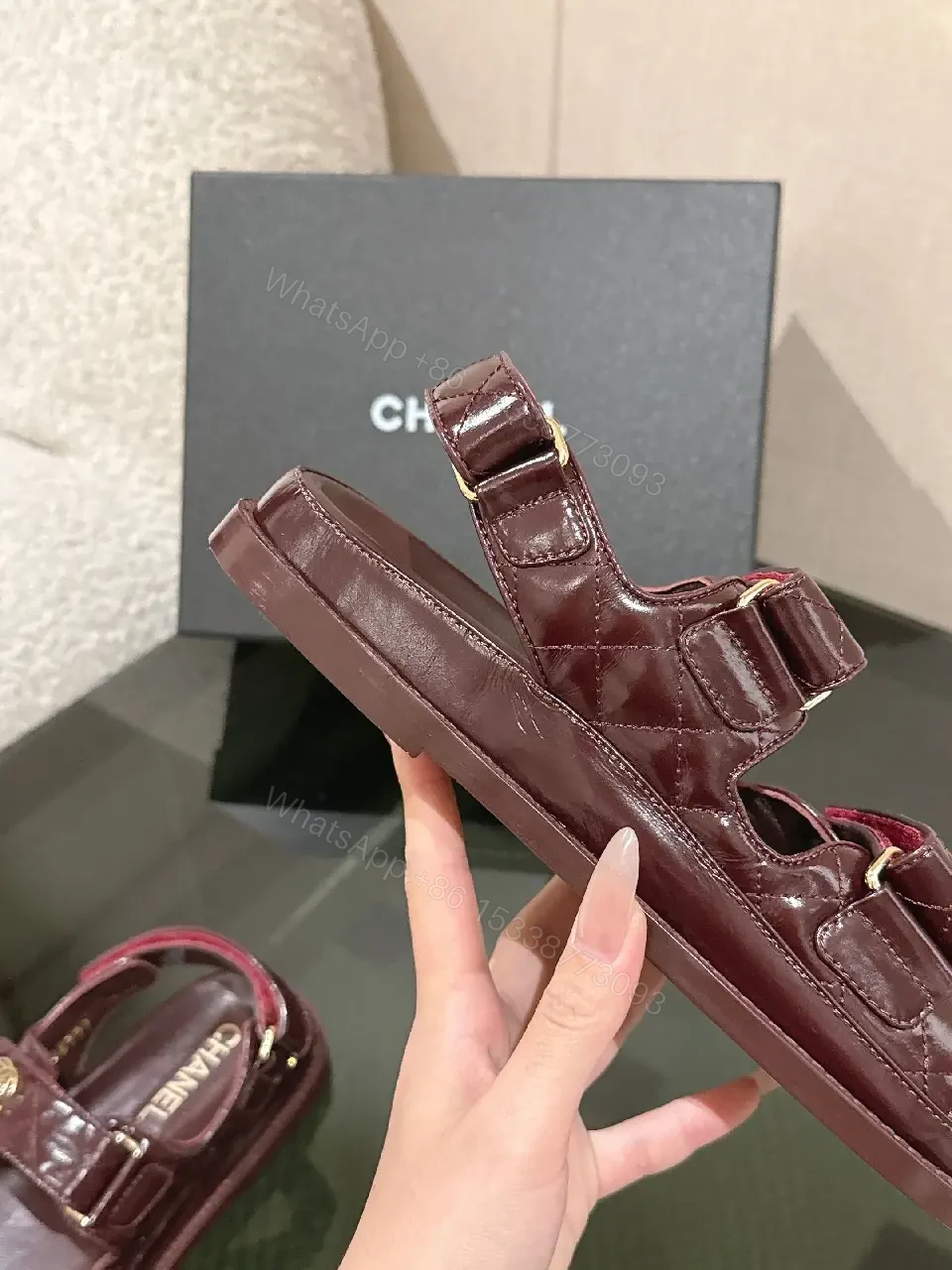 View 9 of Velvet Burgundy Sandals with Gold Hardware, Luxe Style