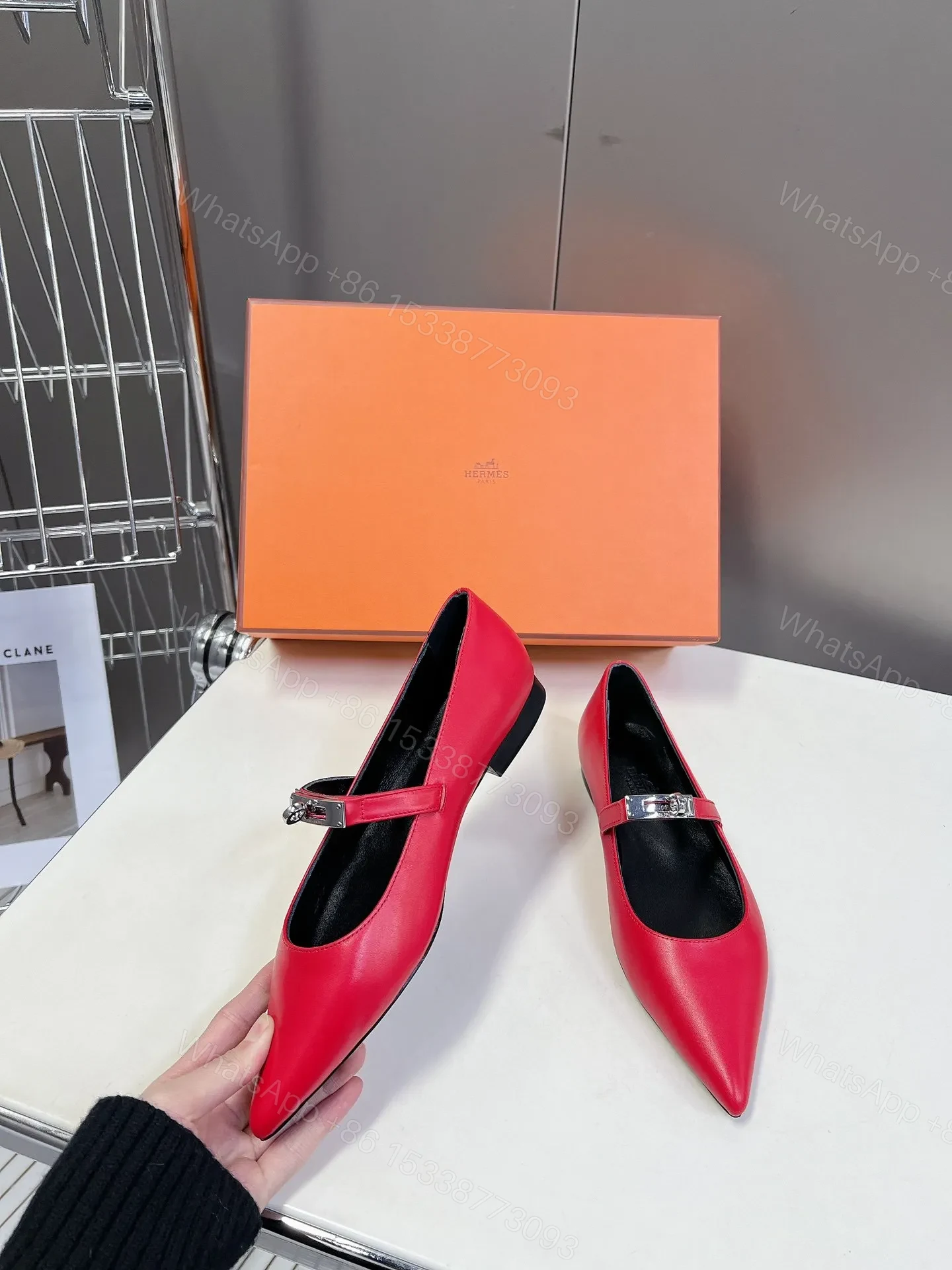 View 5 of Hermes Women Red Leather Pointed Toe Flats