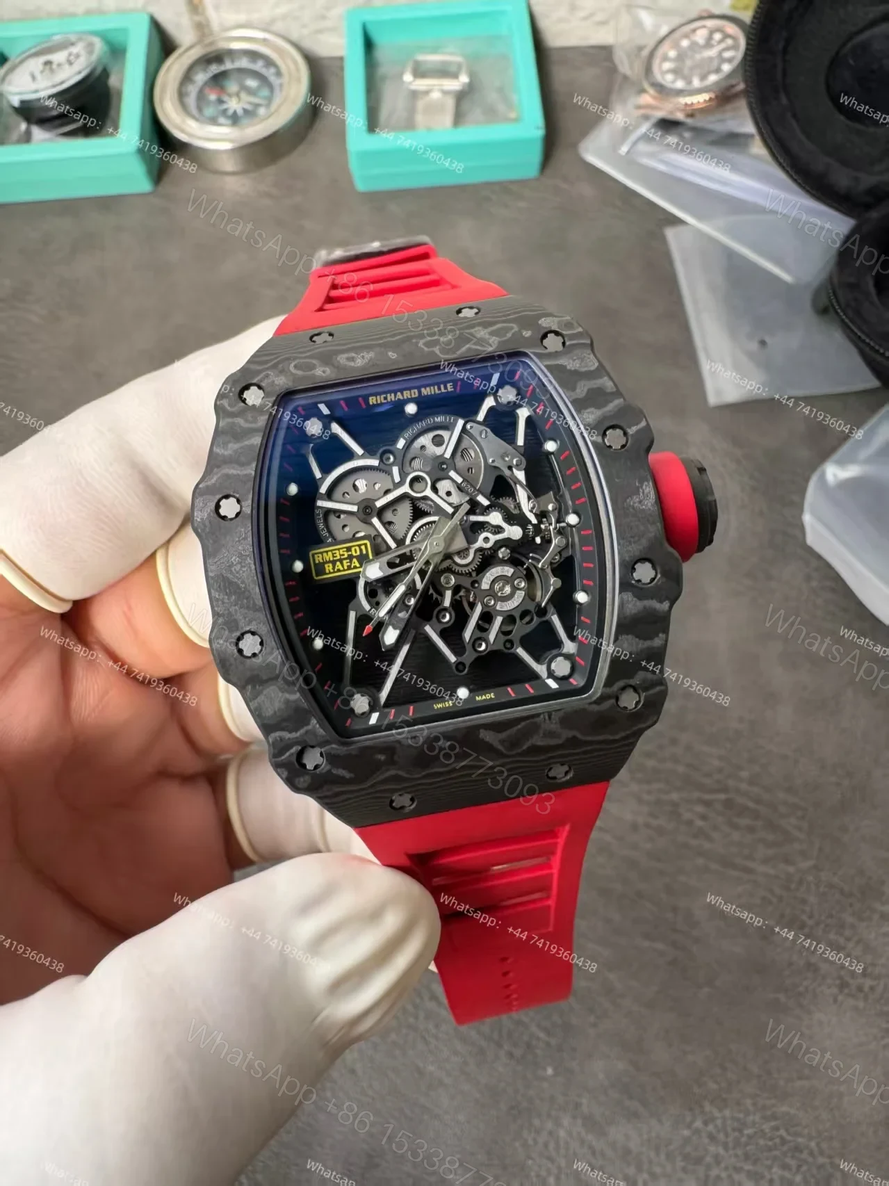 View 3 of Super Clone Richard Mille RM 35-01 Carbon TPT Skeleton Red Rubber Strap 1:1 Replica Watch