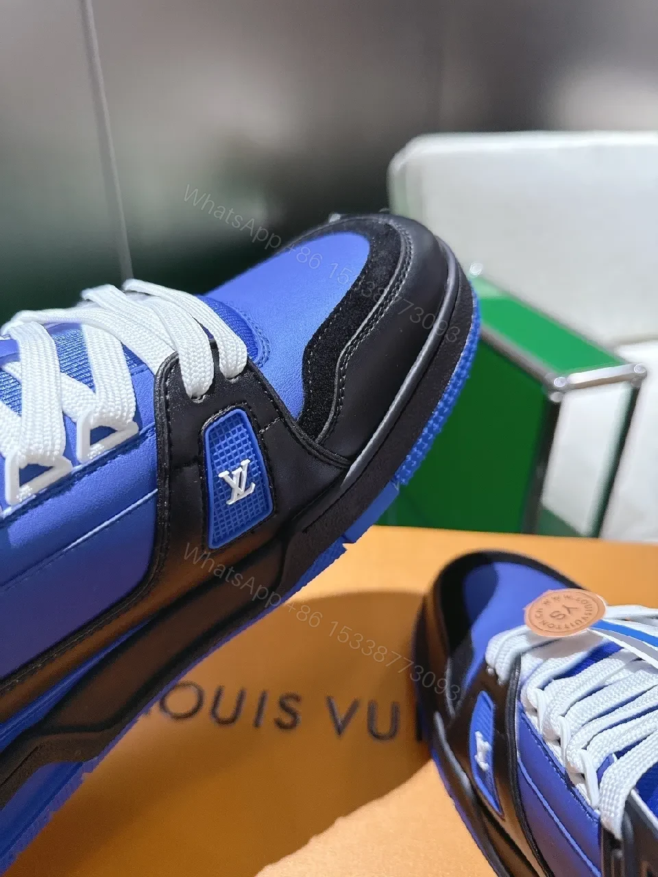 View 5 of Blue & Black High-Top Luxury Sneakers with Monogram Details