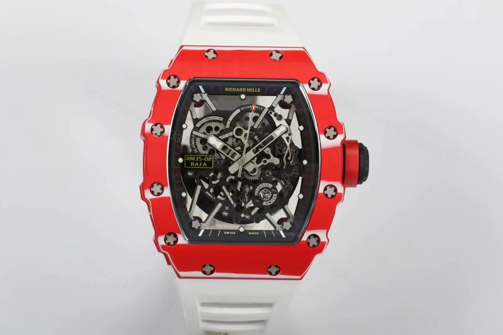 Richard Mille RM35-02 Automatic Skeleton Watch Red Carbon Fiber Case White Strap RMAL1 Movement Premium Edition RM-RM35-02-RED-WHT-SKL — view 1