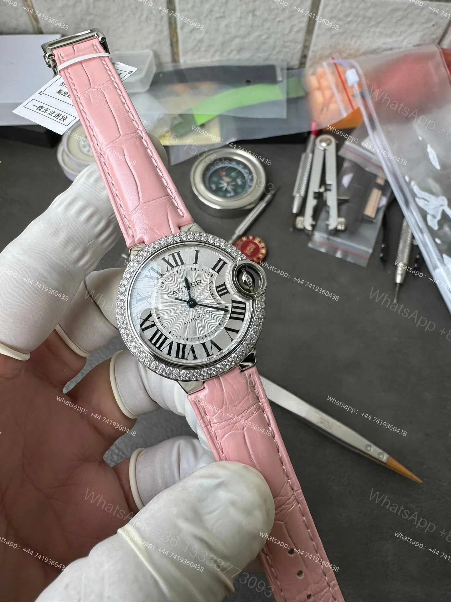 View 15 of Cartier Super Clone Ballon Bleu Diamond Bezel 33MM Pink Leather Strap
