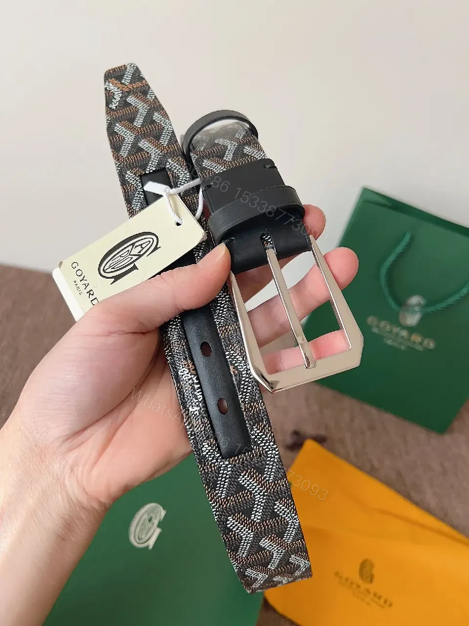 View 6 of Textured Leather Belt with Signature Hardware, Slim Webbing buckle