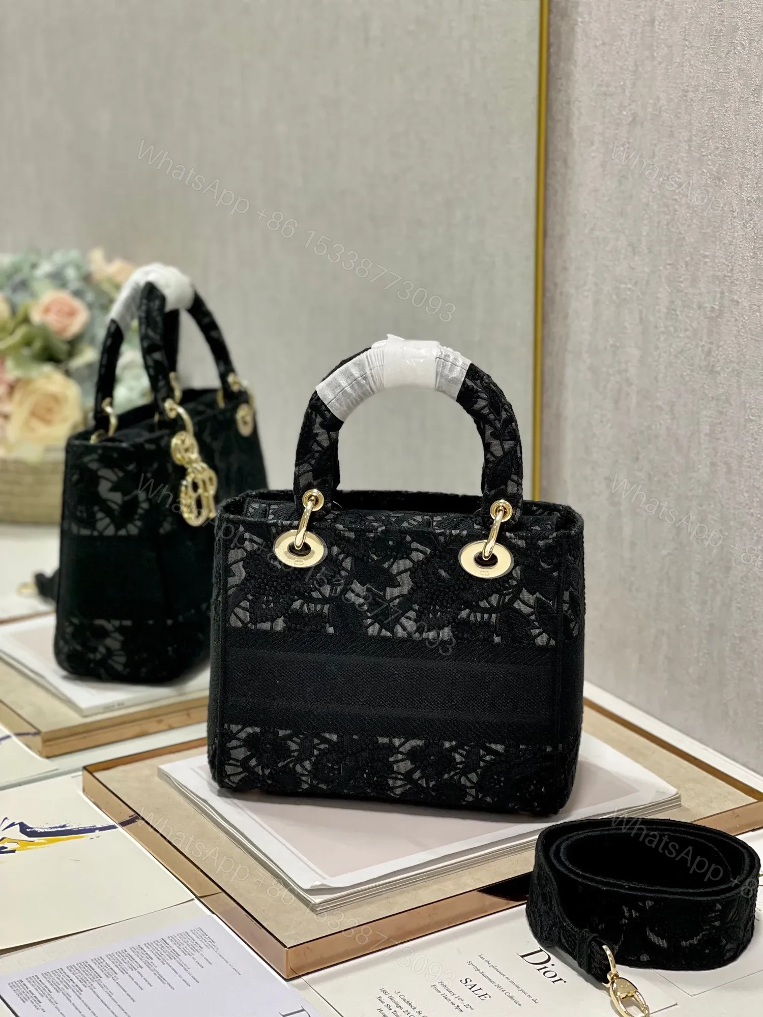 View 8 of Christian Dior Medium Lady D-Lite bag in black lace embroidery