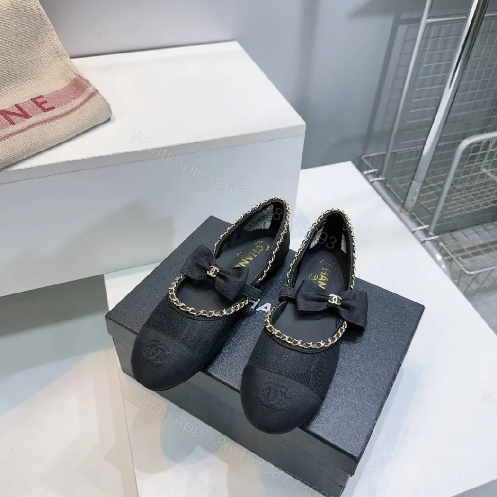 View 2 of Black Satin Bow Flat with Gold Chain Detail, Slip-On Ballet Flat