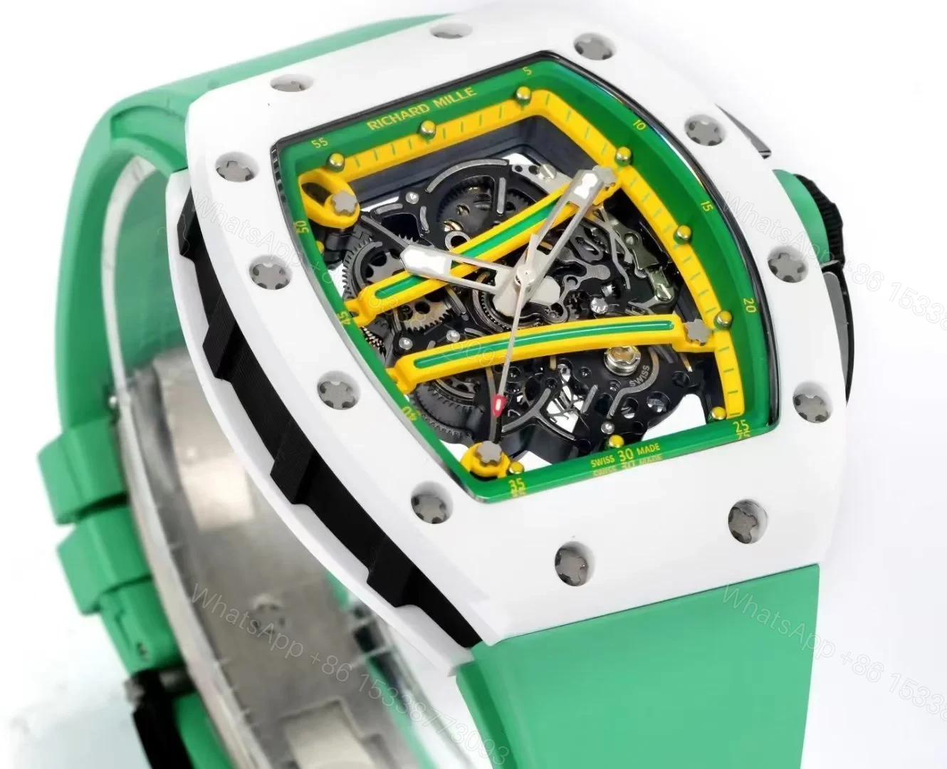 View 2 of Richard Mille RM61-01 Watch TZP-N Zirconia Ceramic NTPT Carbon Fiber Skeleton Dial RMUL2 Manual Winding Movement Yellow Green Suspended Bridge Luxury Sports Watch RM61-01-TZP-YGB-SK