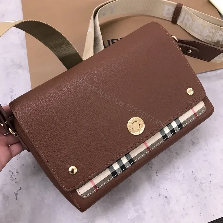 View 5 of Brown Leather Crossbody | Heritage Plaid, Gold Hardware, Structured Design