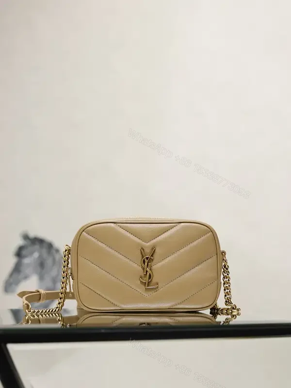 Beige Leather Chevron Crossbody Bag with Gold YSL Logo — view 1