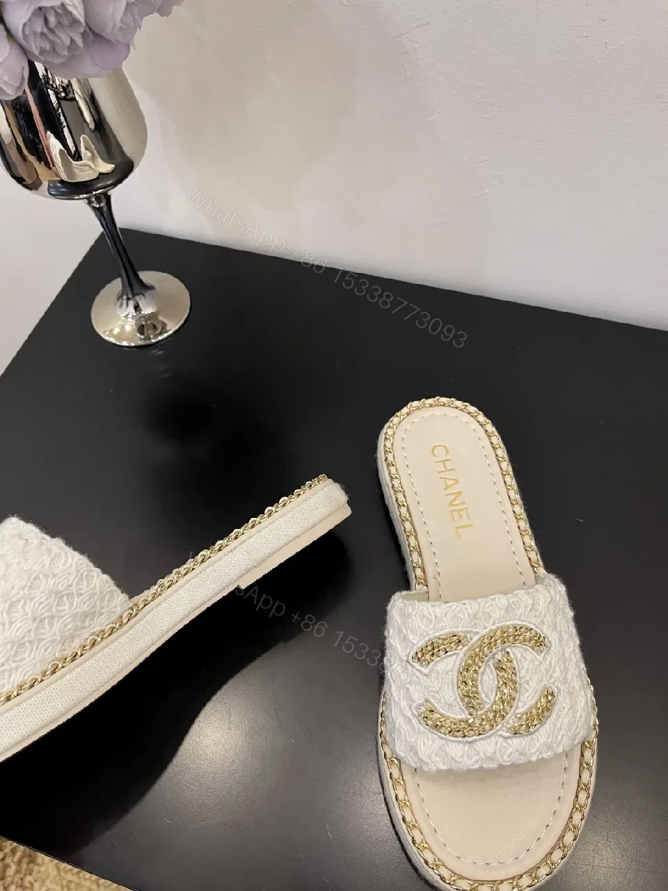 View 5 of White + Leather-like + Slip-On + Gold Chain Detail + Sandals