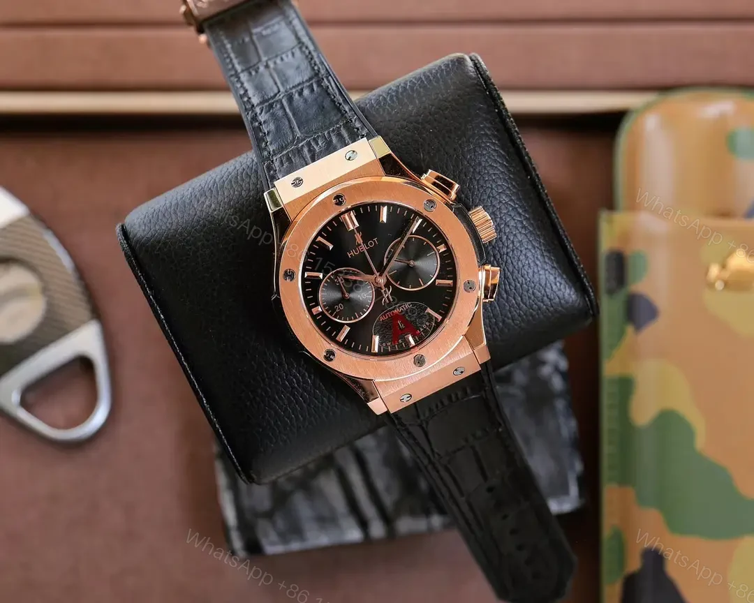 View 9 of Super Clone Hublot Classic Fusion Black Dial Rose Gold Leather Strap Premium 45MM HUBLOT-CF-RG-BLK45