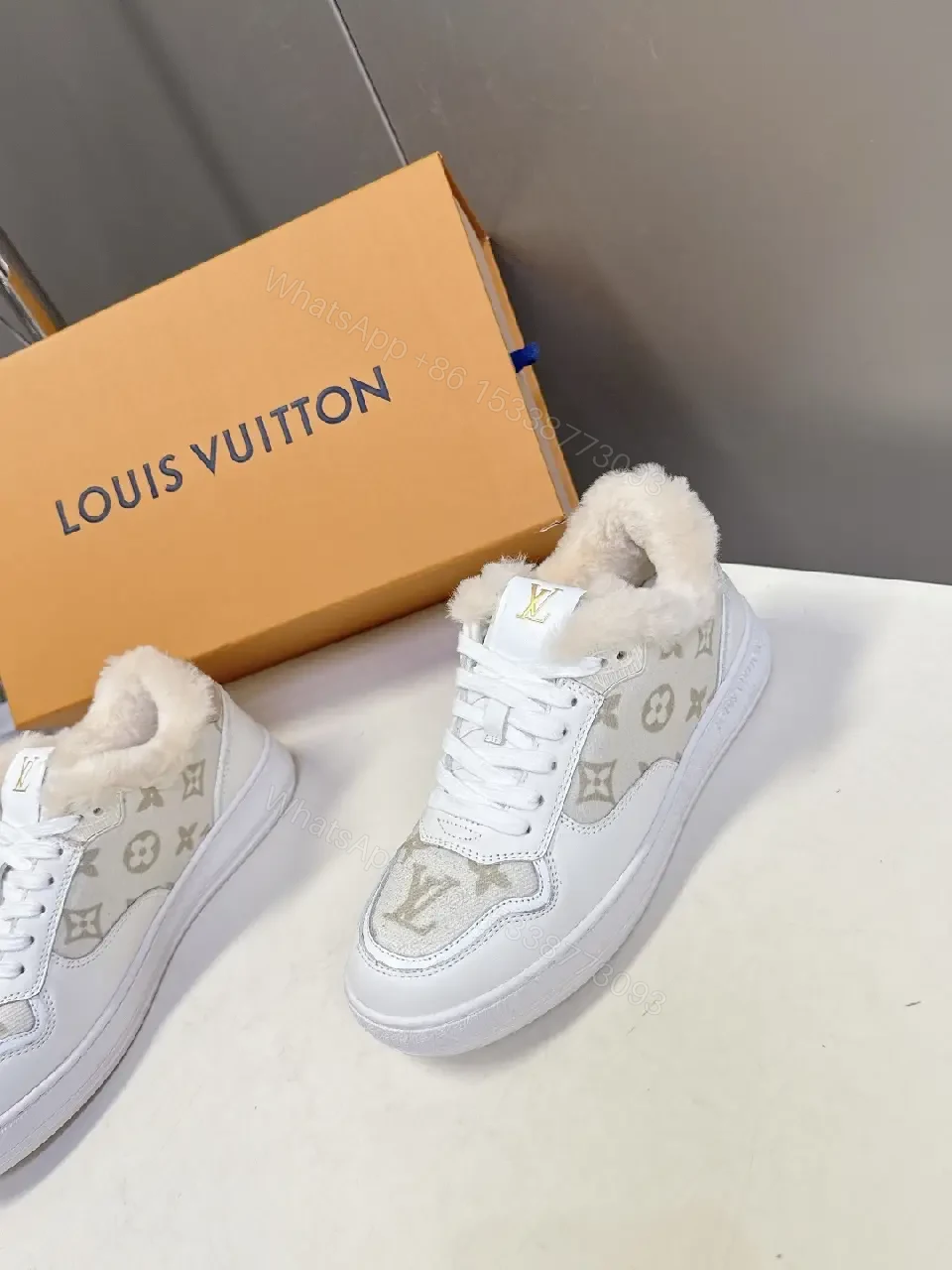 View 9 of White Leather Fur-Trim High-Top Sneakers + Plush Detail
