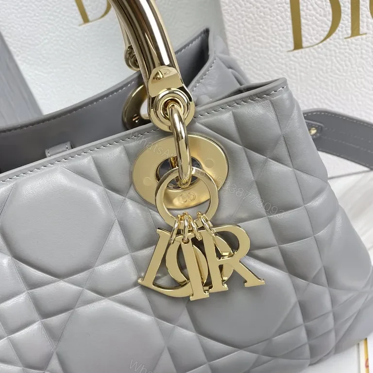 View 4 of Chic Grey Quilted Satchel: Gold-Dior Inspired Luxury Bag