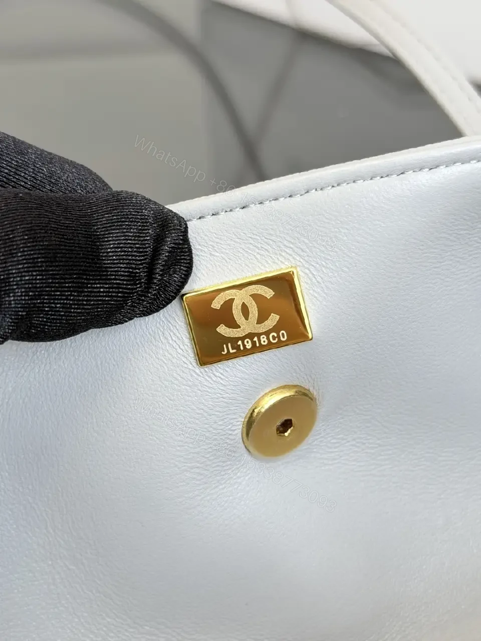 View 4 of Textured Leather Mini Bag – Slim Gold Logo, Gray