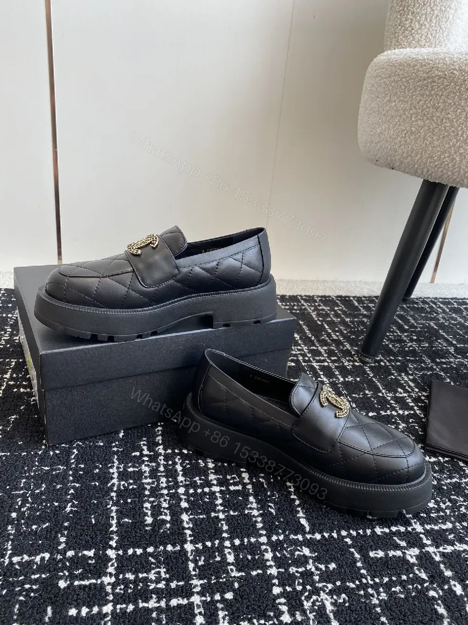 View 2 of Quilted Leather Loafer Black with Gold Emblem Luxury Comfort