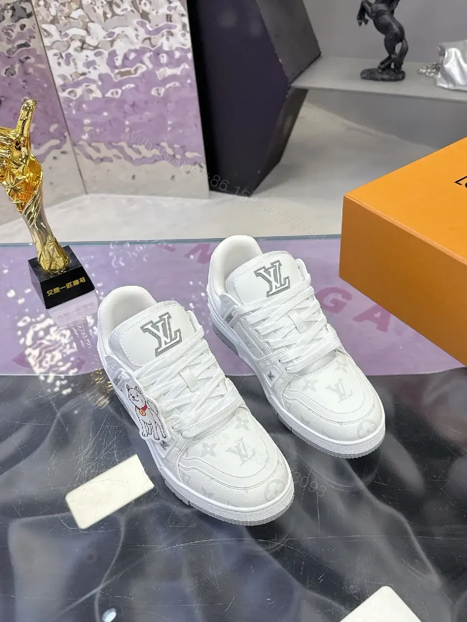 View 9 of White Leather Monogram Luxe Sneaker, All-Day Comfort