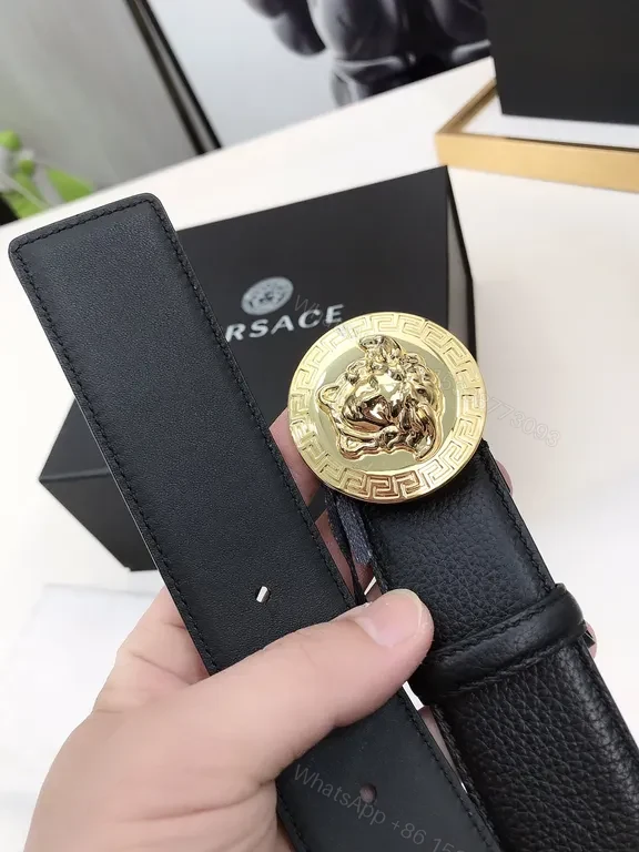 View 3 of Bold Versace-Style Leather Belt with Gold Medusa Buckle