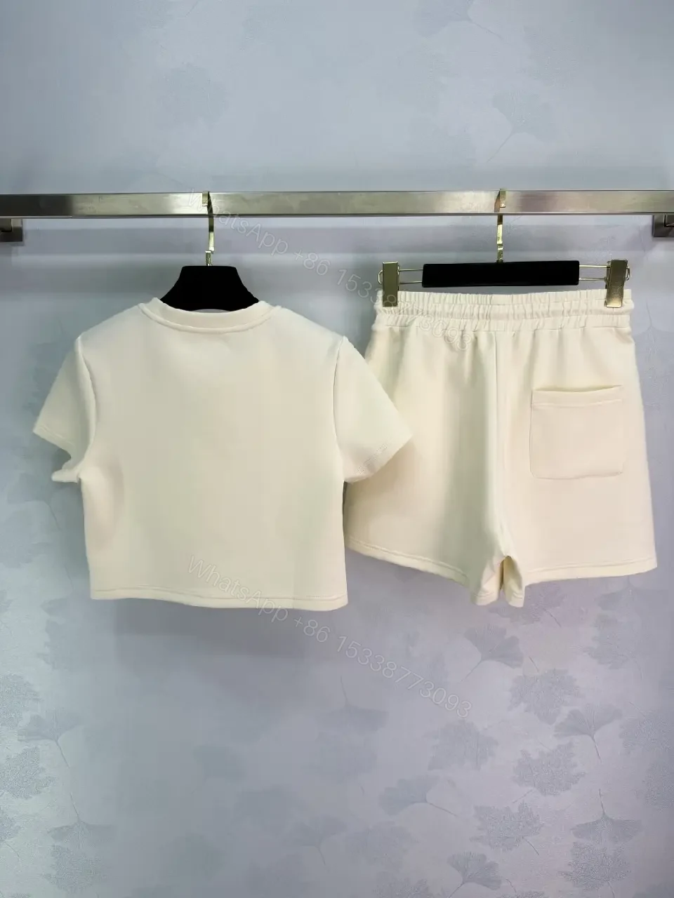 View 3 of Ivory Cotton Casual Set with Drawstring Shorts, Dior Box Logo Tee