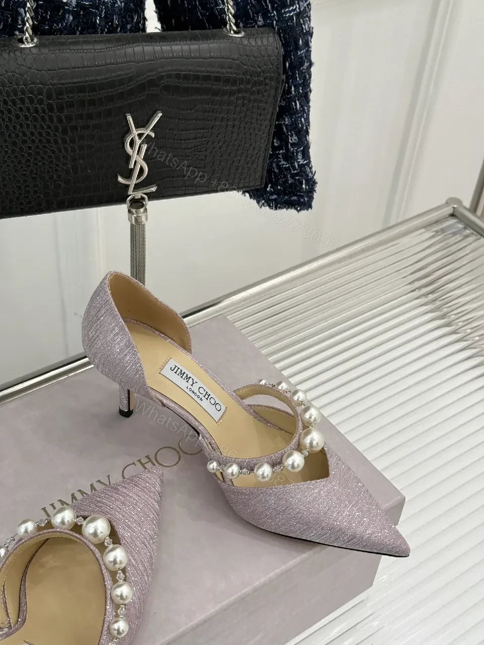 View 9 of Lavender Pearl Embellished Pointed-Toe Heels, Luxe