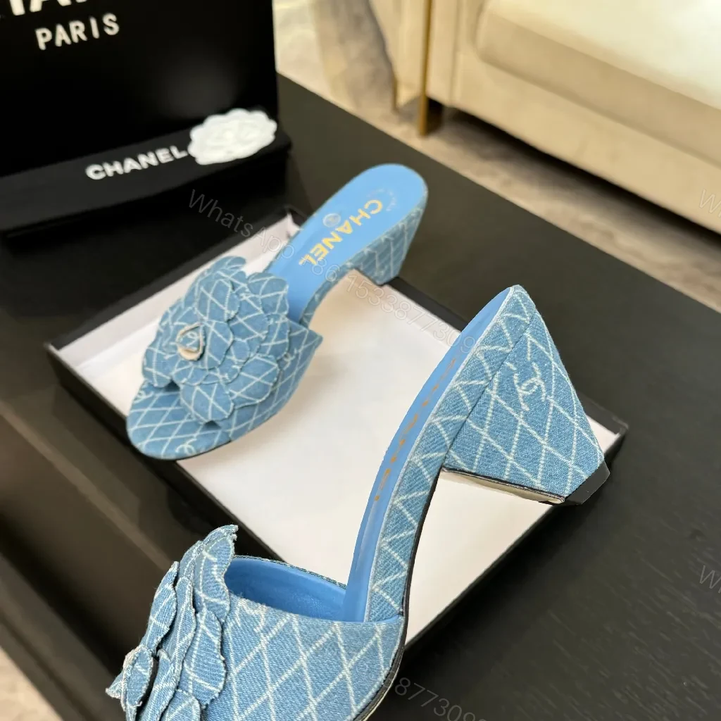 View 2 of Denim-Textured Mules with Floral Detail, Everyday Luxury Comfort