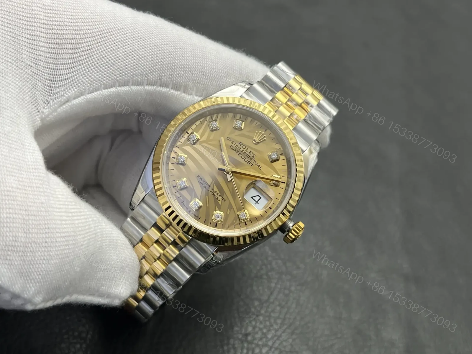 View 3 of Rolex Datejust 36 Stainless Steel Yellow Gold Fluted Champagne Palm Diamond Jubilee 126233-0043