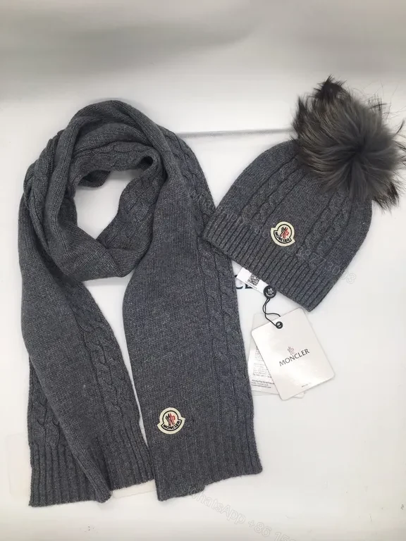 View 4 of Moncler Olive Knit Scarf & Beanie Set â€“ Premium Cable Knit with Faux Fur Pom