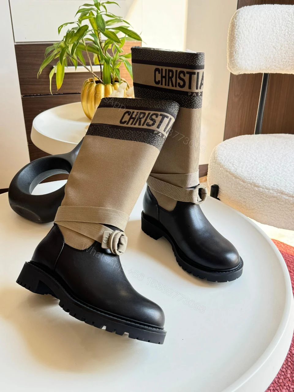 View 2 of Dior Leather and Canvas D-Major Mid-Calf Bootsf