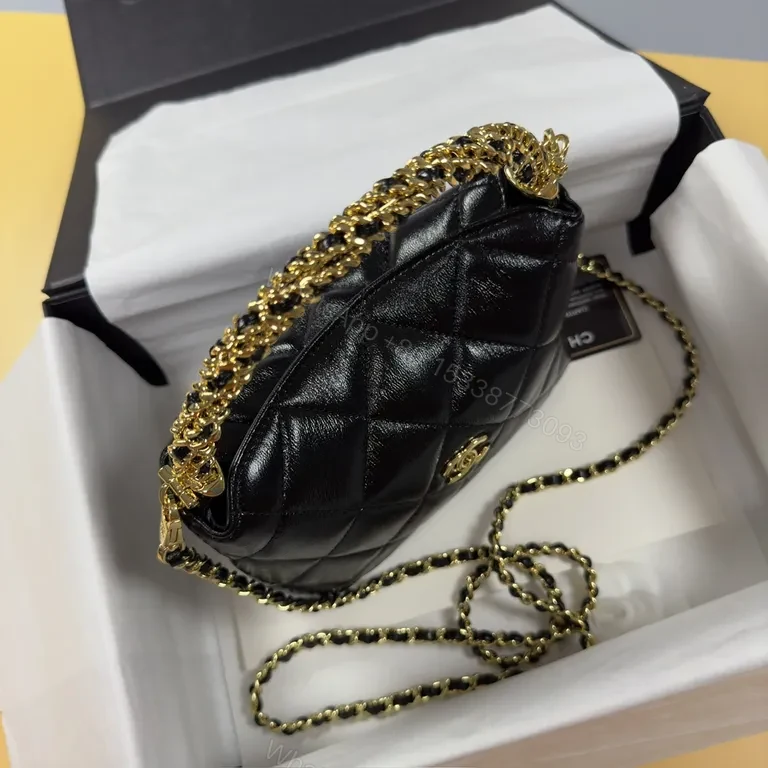 View 8 of Quilted Black Leather Crossbody Bag with Gold Chain