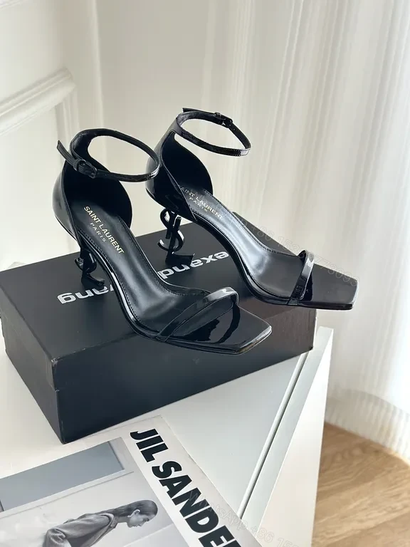 View 3 of Chic Black Patent Strappy Sandal by Saint Laurent - Elegant City Heel