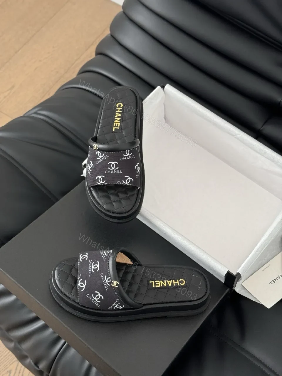 View 4 of Black quilted slide sandals, faux leather, luxe casual, cushioned footbed, slide sandal