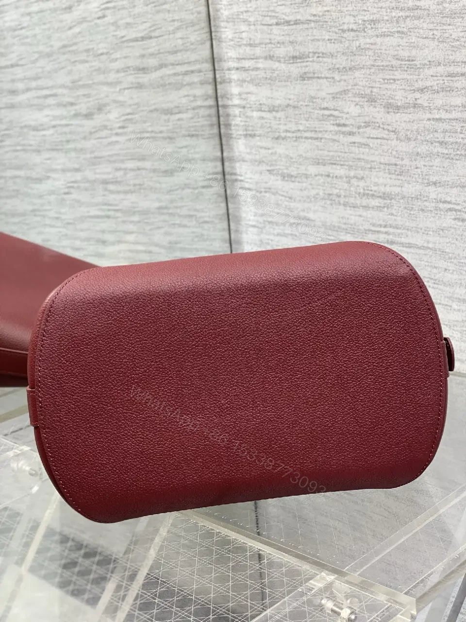 View 10 of Burgundy Pebbled Leather Handbag, Gold Hardware, Dior Monogram Detachable Cardholder Strap