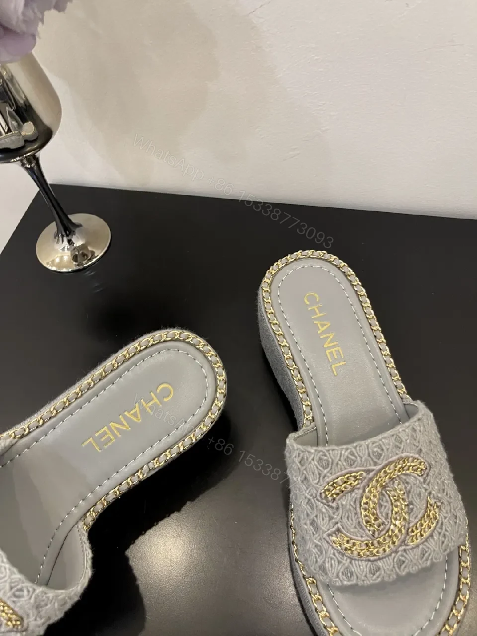 View 5 of Neutral Textile Slip-Ons with Gold-Chain Edge