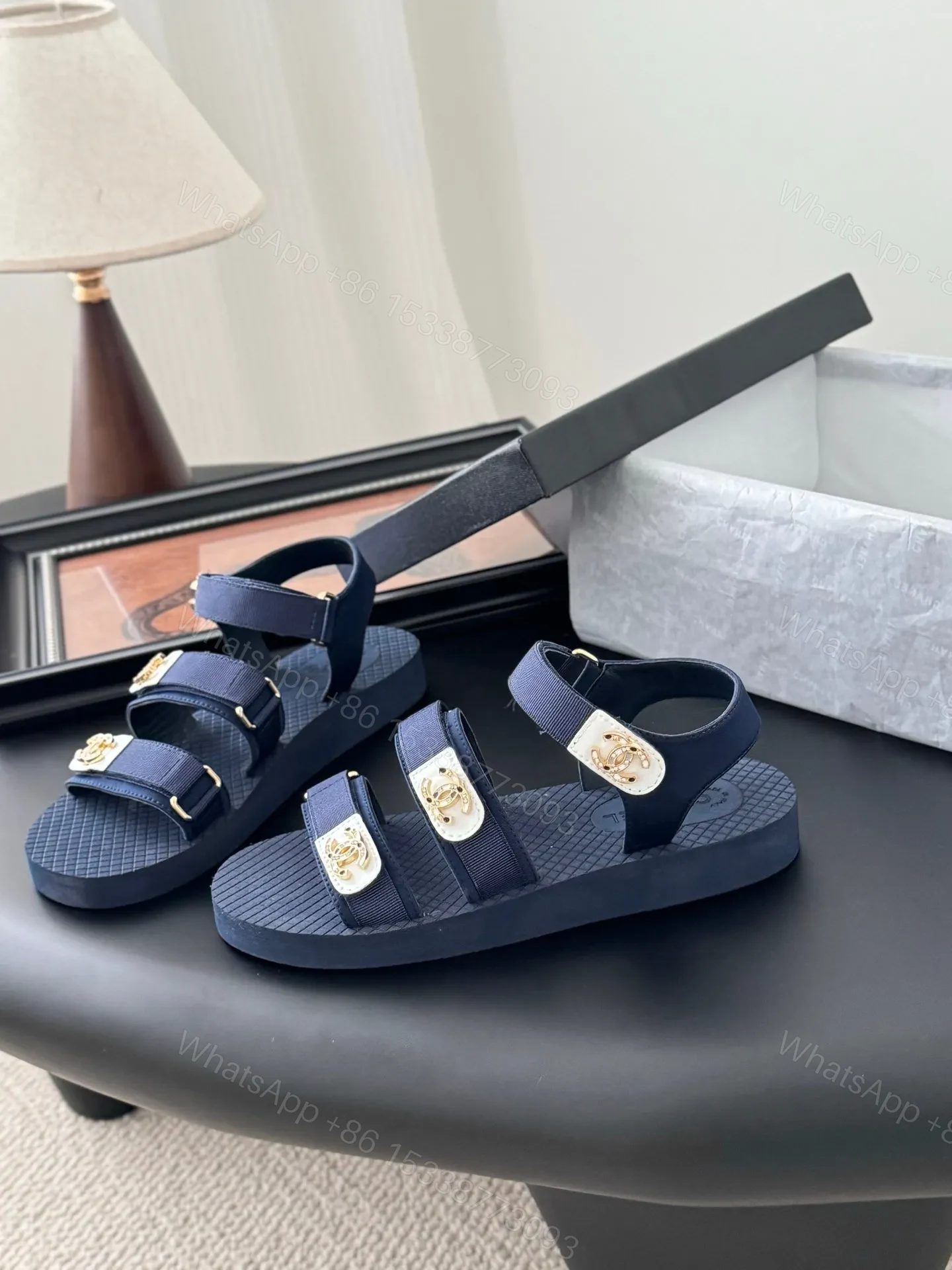 View 2 of Chanel Women Navy Fabric And Rubber Sandals