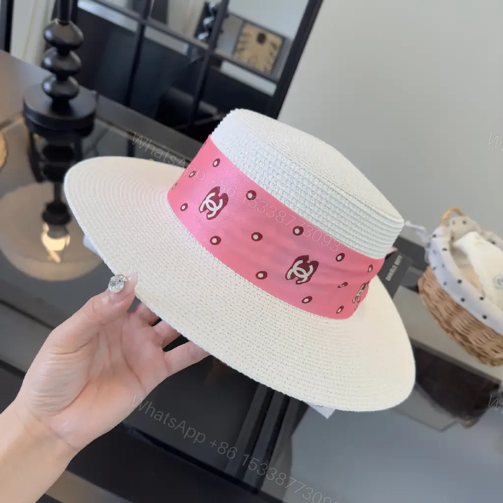 View 9 of White Silk Pink Scarf Band Straw Hat with Bow Chanel Logo