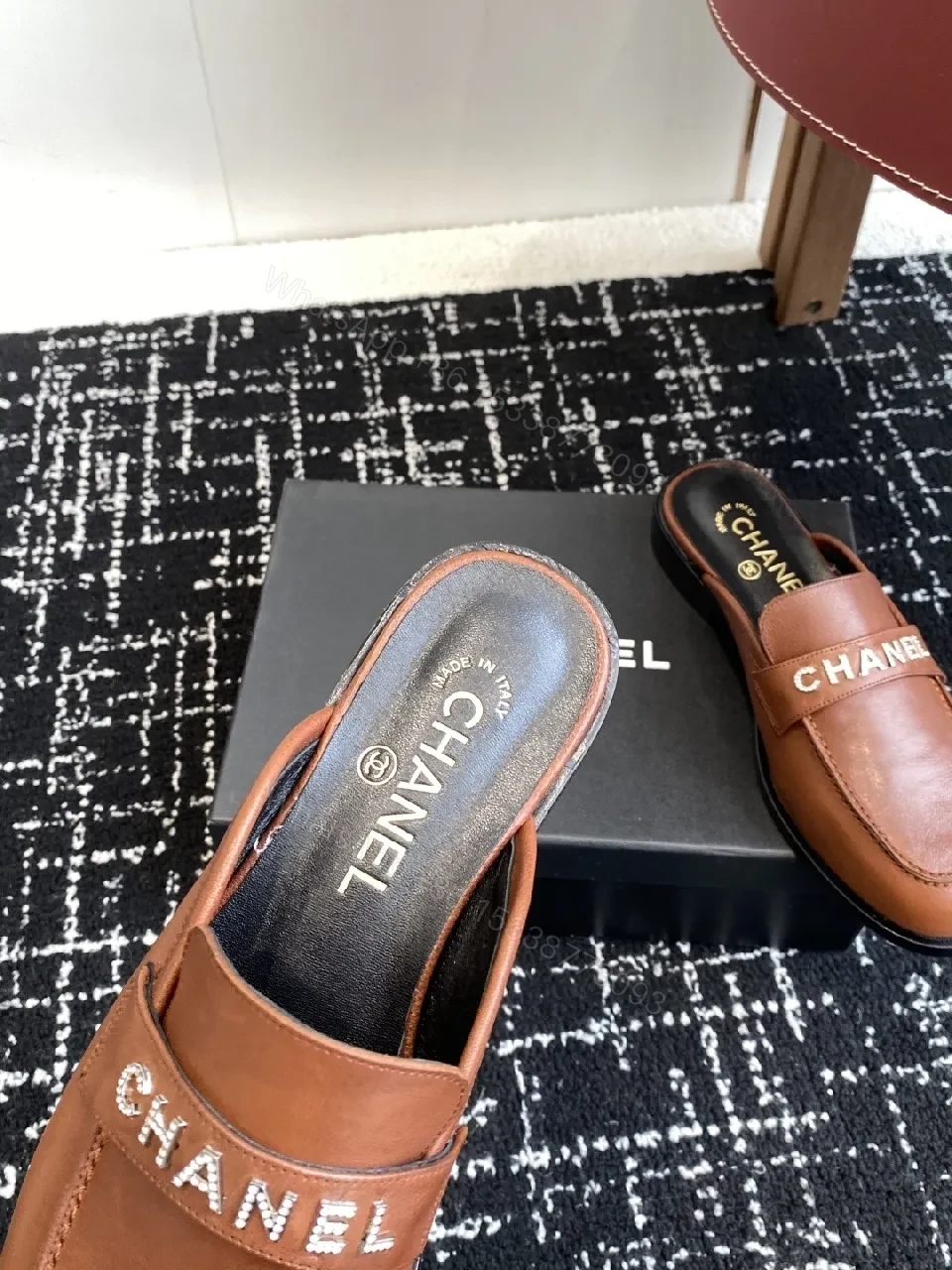 View 8 of Caramel Leather Mules with Bold Logo – Luxury Comfort Slips