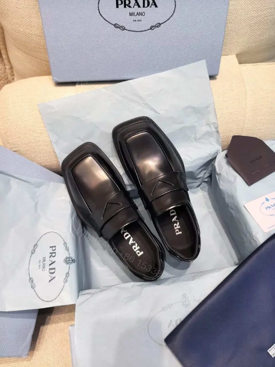 View 3 of Black Leather Prada Muffin-Style Loafers - Minimalist Square Toe