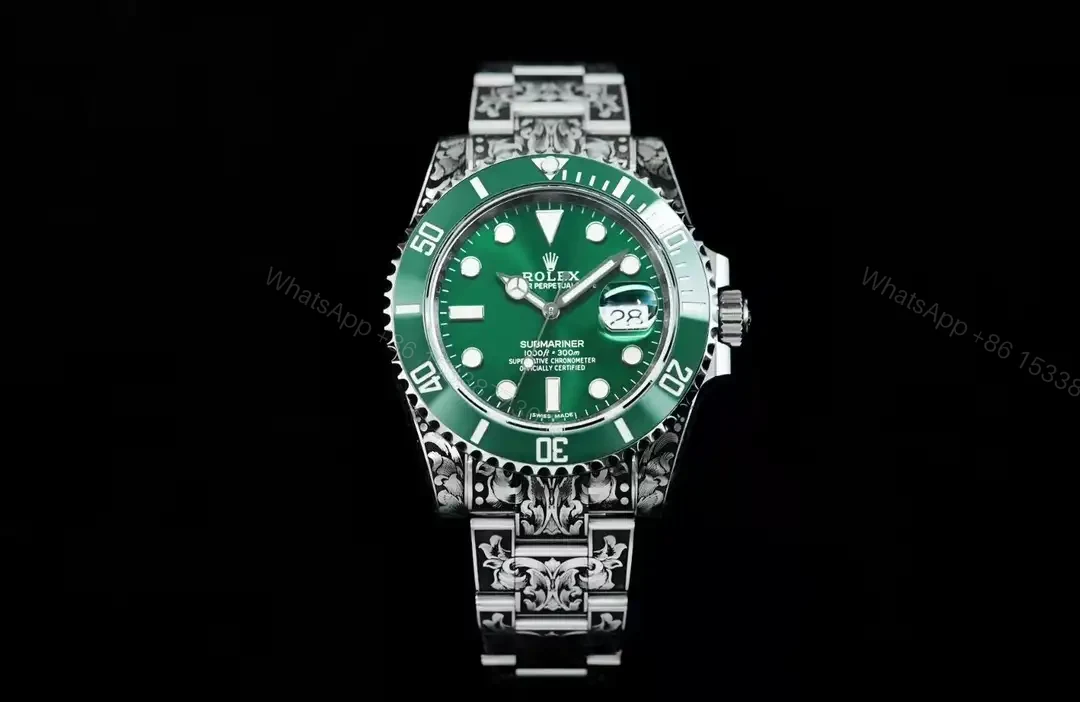 Best Rolex Submariner Hand-Carved Green replica 40MM Engraved Steel Bracelet Edition RG-SUB-HANDCARVED-GREEN-BRACELET-40 — view 1