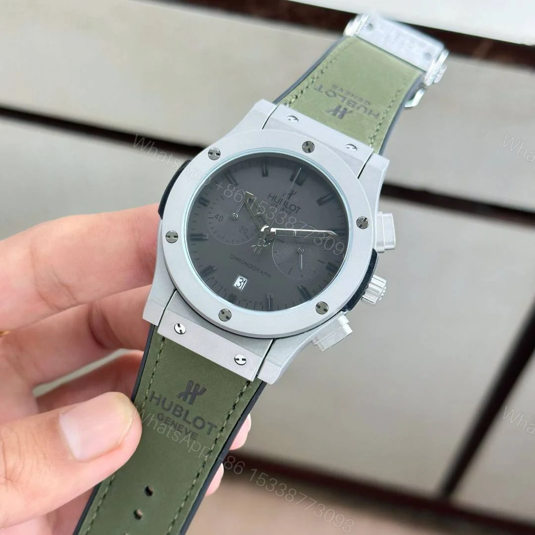 View 2 of First Copy Hublot Big Bang Chronograph Automatic Watch With Grey Dial And Olive Green Leather Strap