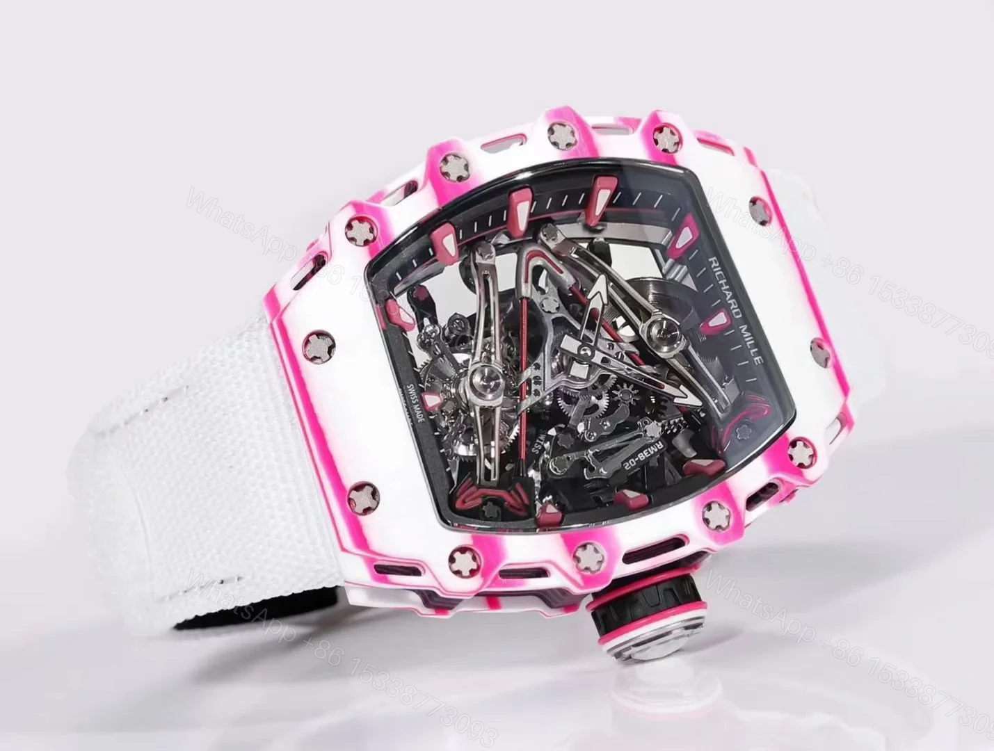 View 2 of Richard Mille RM38-02 Tourbillon Bubba Watson Watch White Strap Pink Quartz Carbon Fiber Skeleton Dial Golf Inspired Manual Winding Movement RM38-02-BW-WSP-PINK