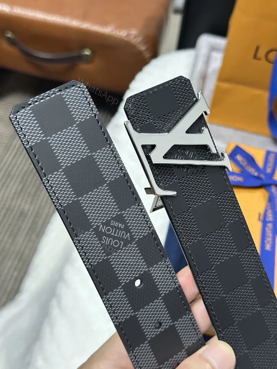 View 5 of Checkerboard Leather Belt with Signature Buckle — Modern Luxury Belt