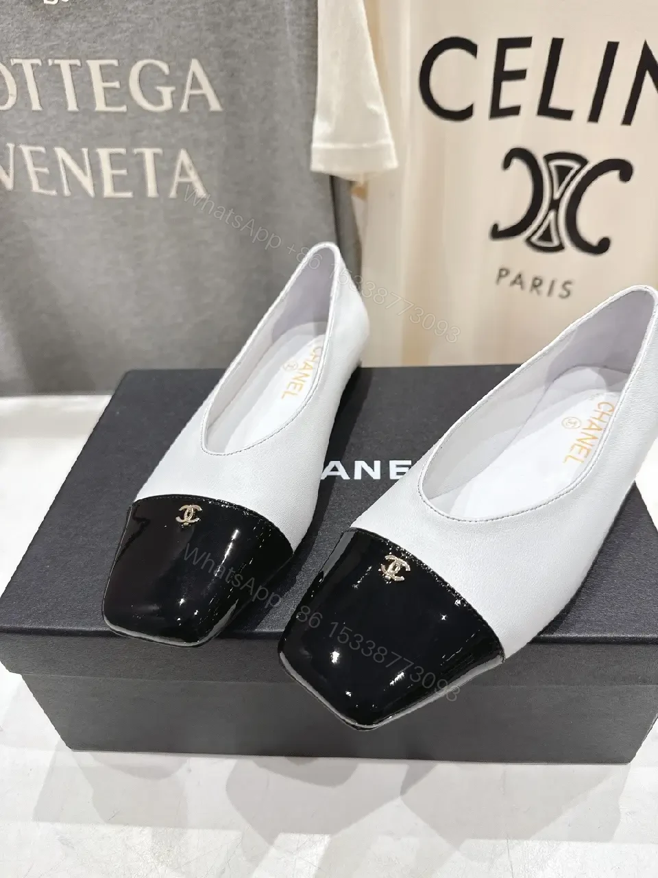 View 2 of Two-Tone Leather Ballet Flats with Cap Toe Comfort