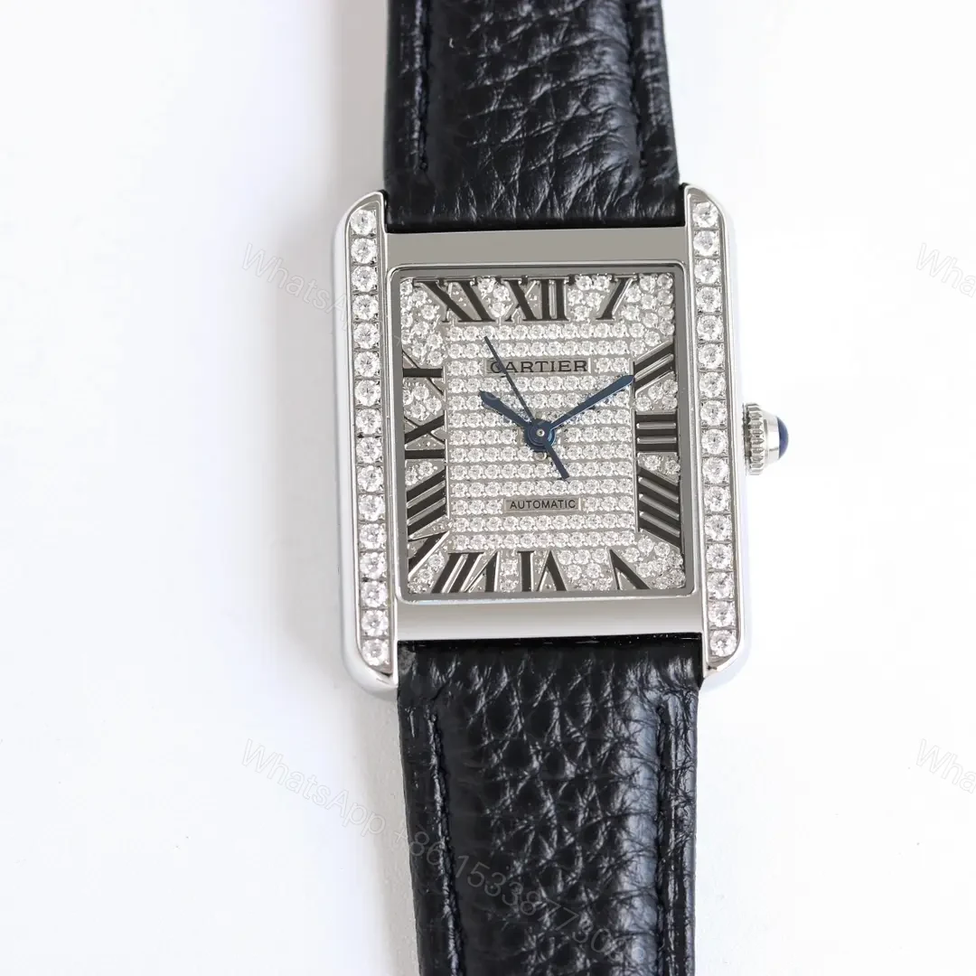 AF Factory Cartier Tank MK3 Women’s Automatic Mechanical Watch – Silver with Diamond Bezel, Black Leather Strap — view 1