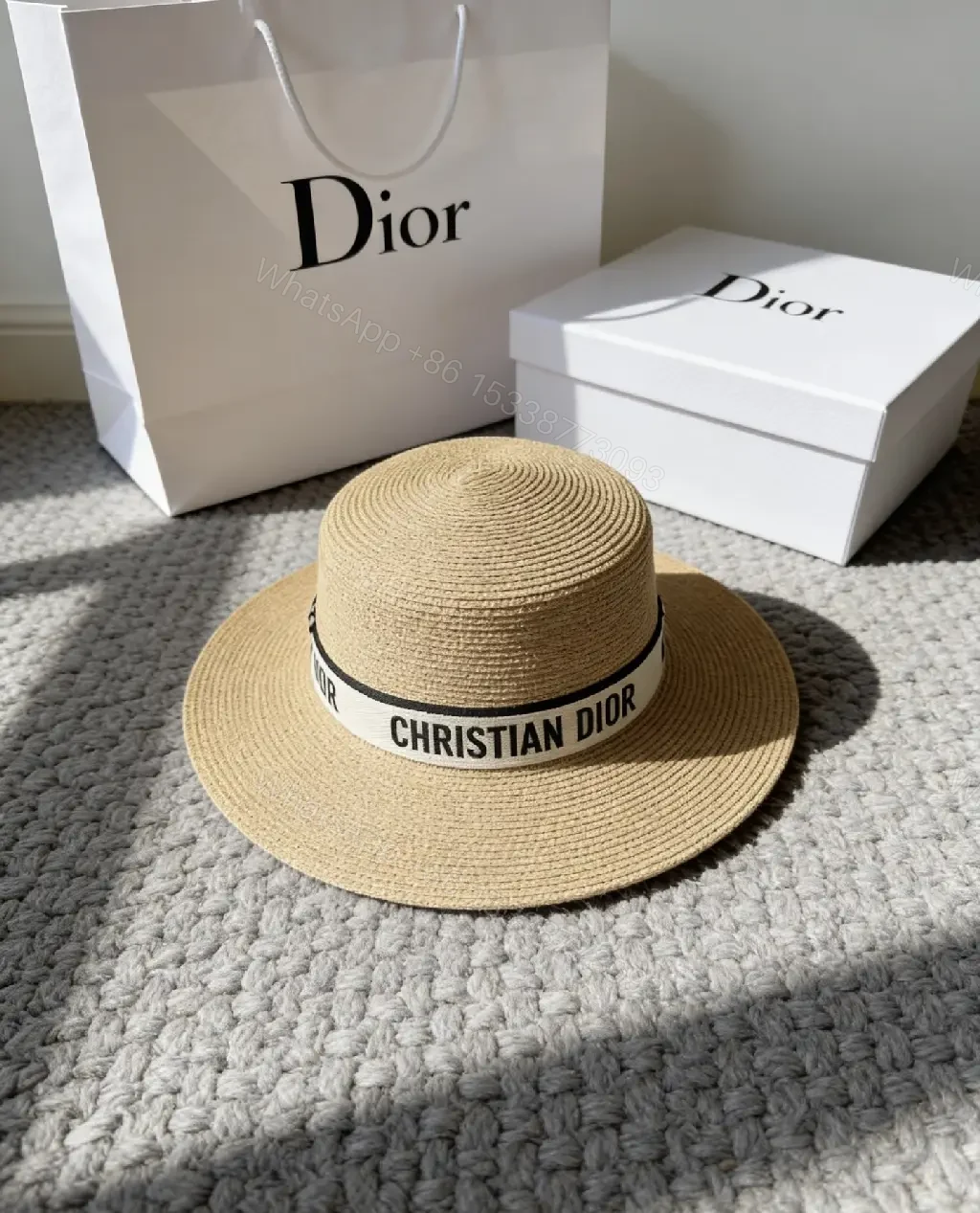 View 4 of Light Beige Straw Fedora Boater Hat with Black-White Band (Christian Dior)