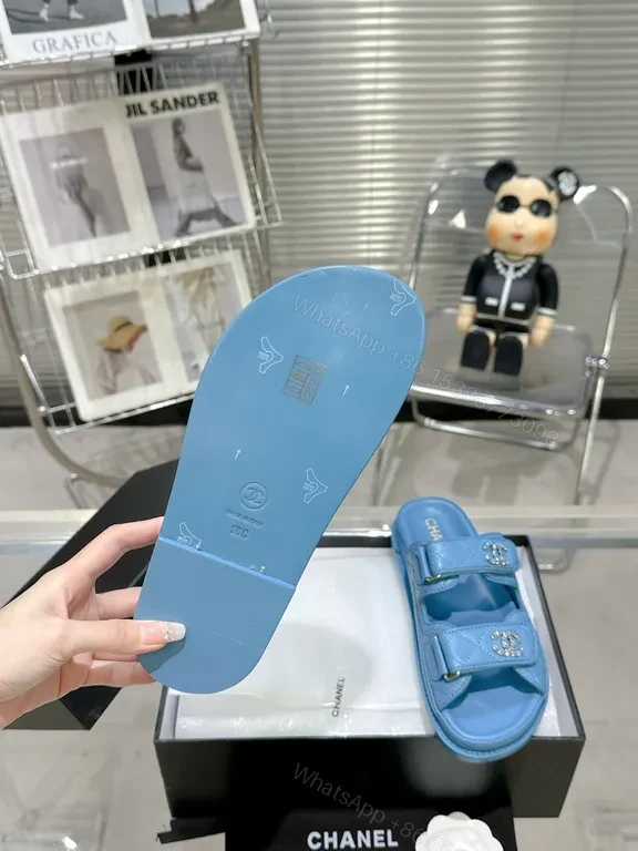 View 2 of Blue Chanel-Style Slide Sandals - Luxe Comfort, Quilted Chic