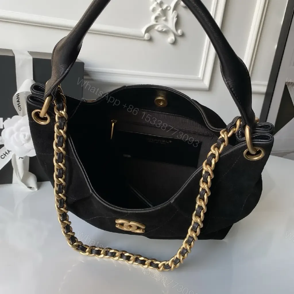 View 4 of Quilted Black Leather Bag with Gold Chain – Luxe Handbag