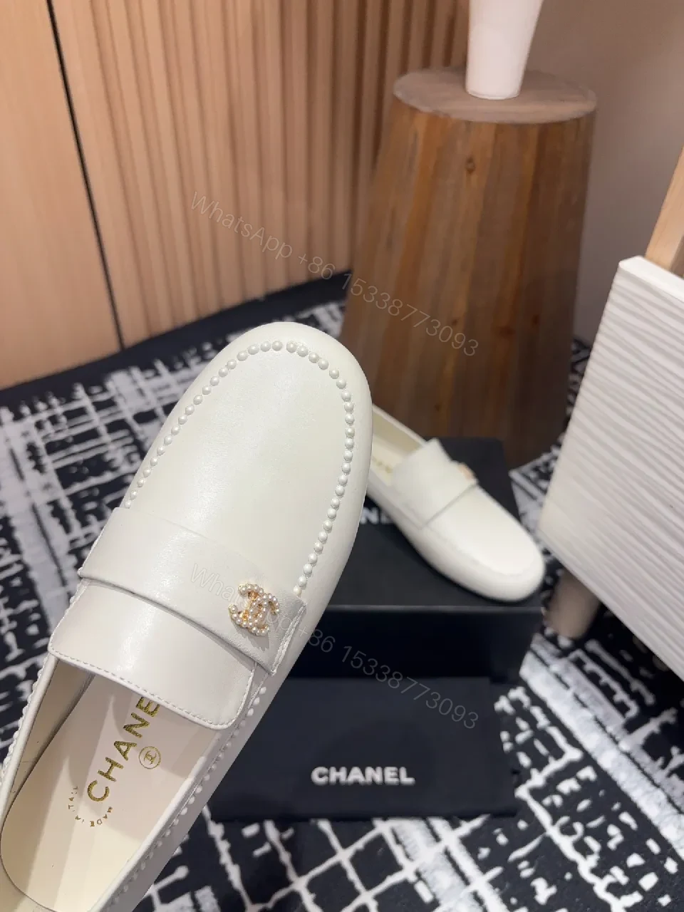 View 2 of Ivory Leather Loafers – Classic Gold Logo, Moccasin Toe