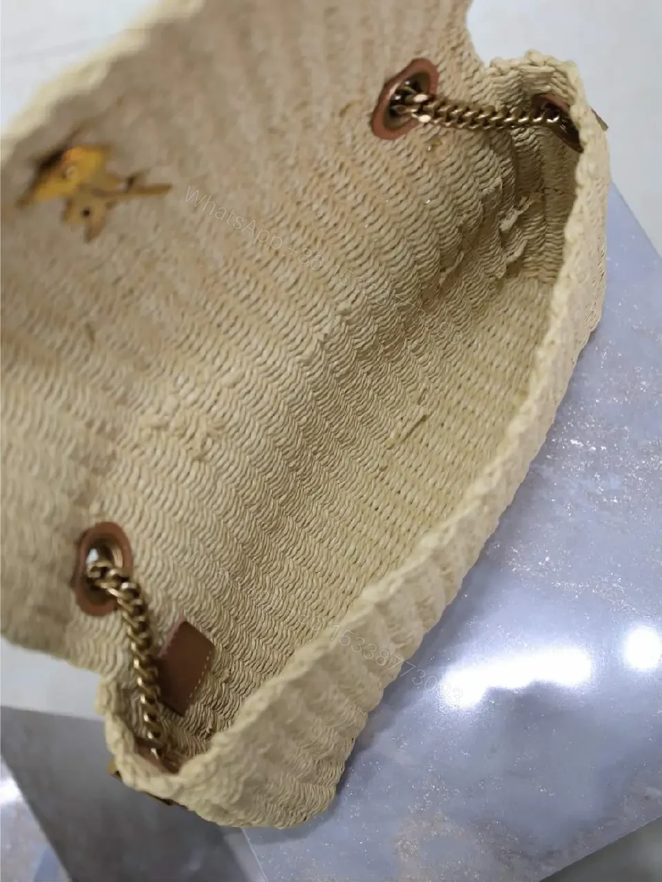 View 10 of Natural Straw Clutch with Signature Hardware, Fold-Over Accent + Compact