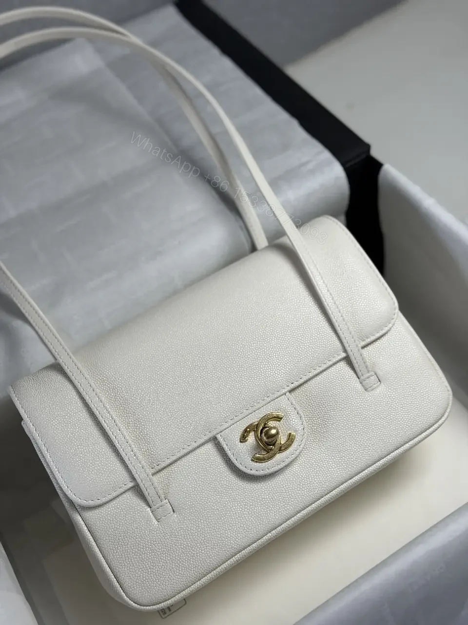 View 5 of Minimalist White Pebble Leather Shoulder Bag with Gold Hardware