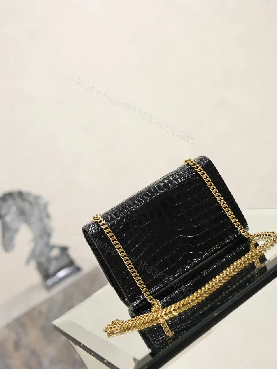 View 10 of Black Crocodile-Embossed Leather Mini Shoulder Bag with Gold YSL Logo