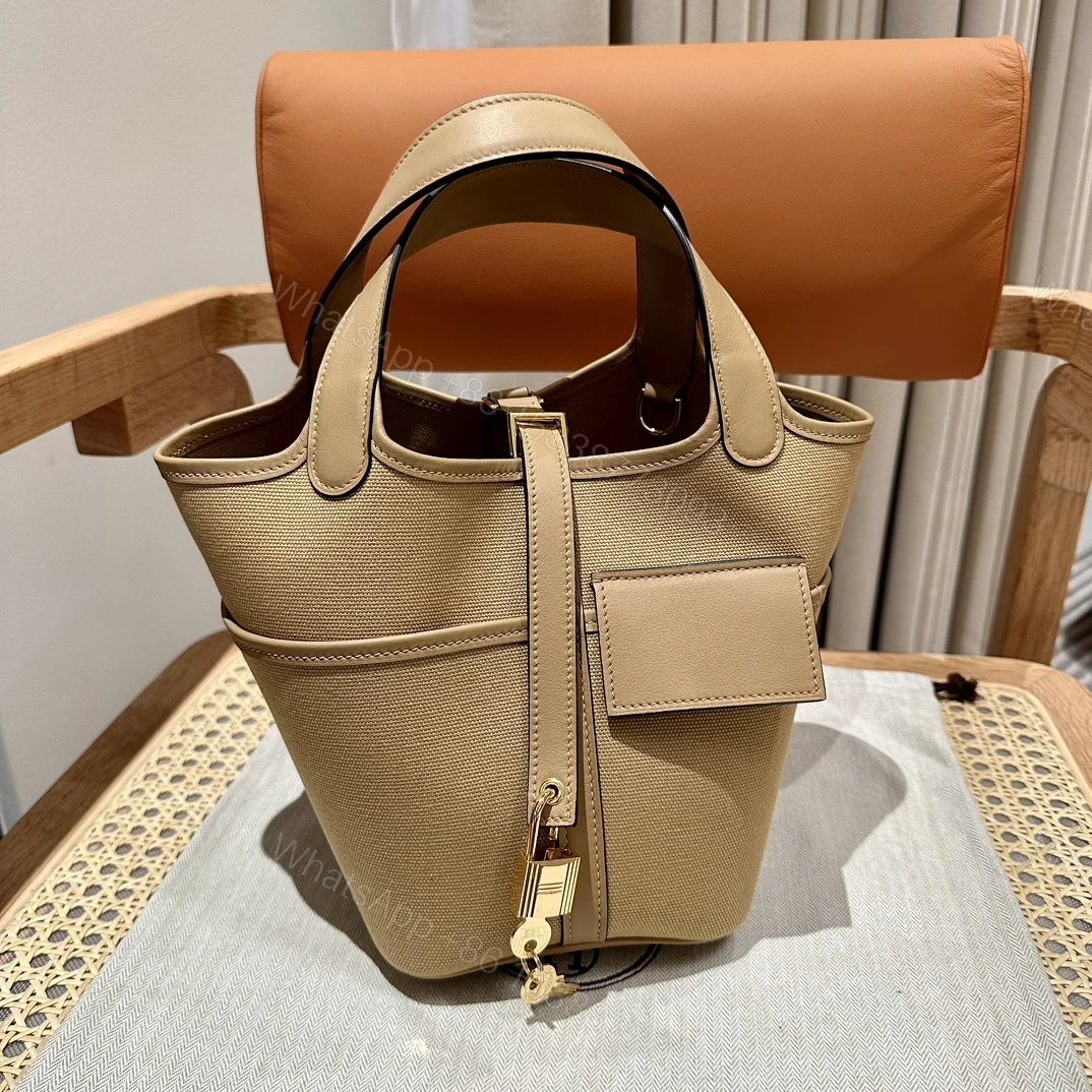 Hermes 高仿 女款 Picotin Lock 帆布拼皮手提包 卡其色通勤包 — view 1