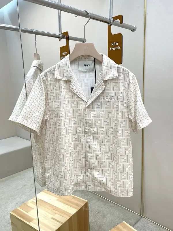 Off-White/Cream Short-Sleeve Button-Up Shirt, Embossed Logo Pattern — view 1